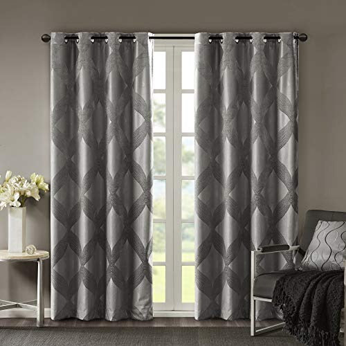 SUNSMART Bentley Total Blackout Curtains Window, Ogee Knitted Jacquard, Grommet Top Living Room Decor, Thermal Insulated Light Blocking Drape for Bedroom and Apartments, 50" x 108", Charcoal