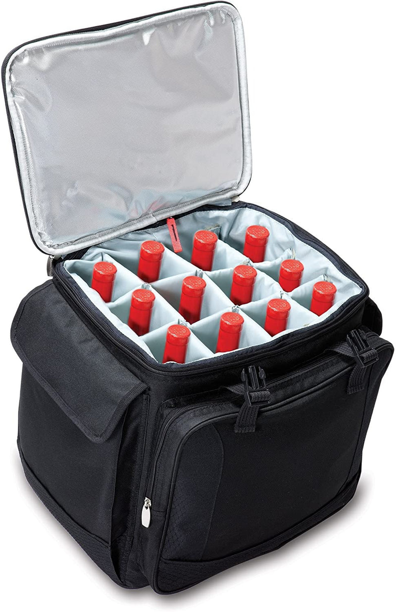 LEGACY - a Picnic Time Brand Bodega Insulated 12-Bottle Wine Tote with Integrated Trolley, Black, 15x14.3x17.3 inches