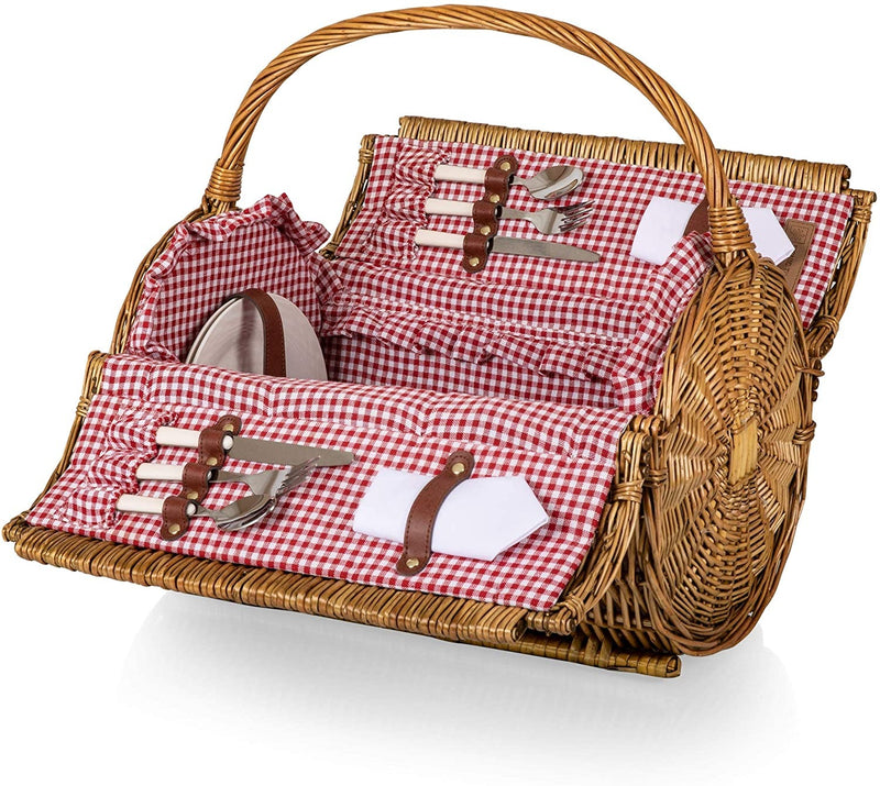 PICNIC TIME Barrel Wicker Picnic Basket for 2 - Picnic Set - Red-White Gingham, 18.5" x 17" x 12"