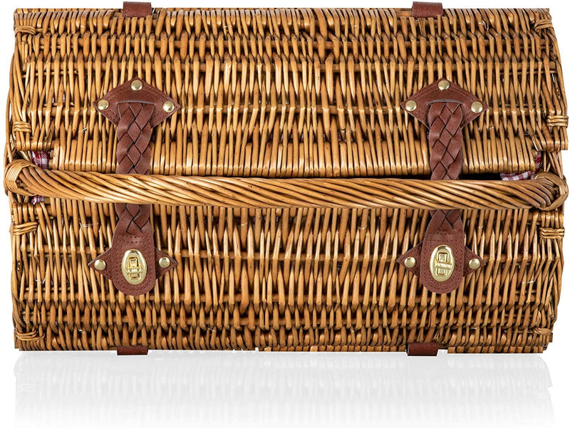 PICNIC TIME Barrel Wicker Picnic Basket for 2 - Picnic Set - Red-White Gingham, 18.5" x 17" x 12"