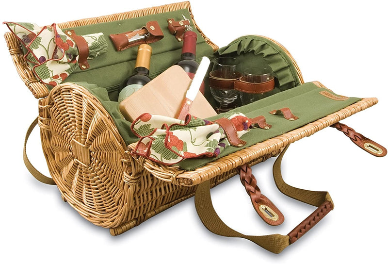 Picnic Time Verona Insulated Wine Basket with Wine/Cheese Service for Two, Pine Green 18 x 12 x 10
