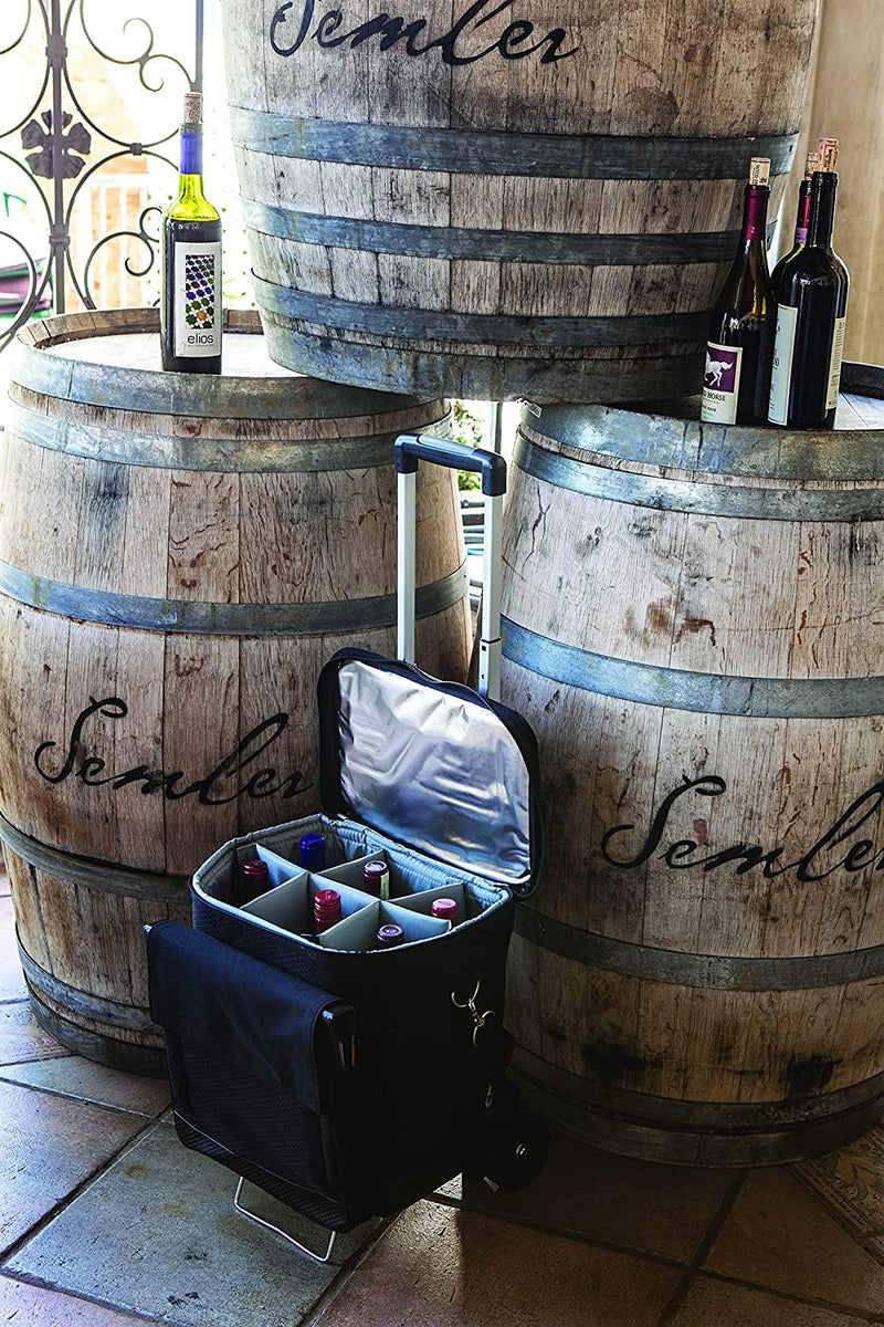 LEGACY - a Picnic Time Brand Cellar Insulated Six Bottle Wine Tote with Trolley Black ,18 x 12 x 10