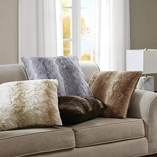 Madison Park Zuri Faux Fur Ombre Stripe Ultra Soft Luxury Decorative Throw Pillows for Couch Bed with Insert, 20x20, Blush/Grey