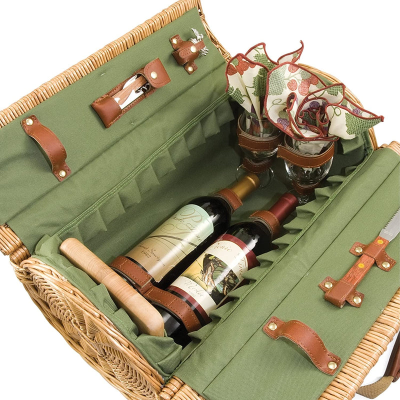 Picnic Time Verona Insulated Wine Basket with Wine/Cheese Service for Two, Pine Green 18 x 12 x 10