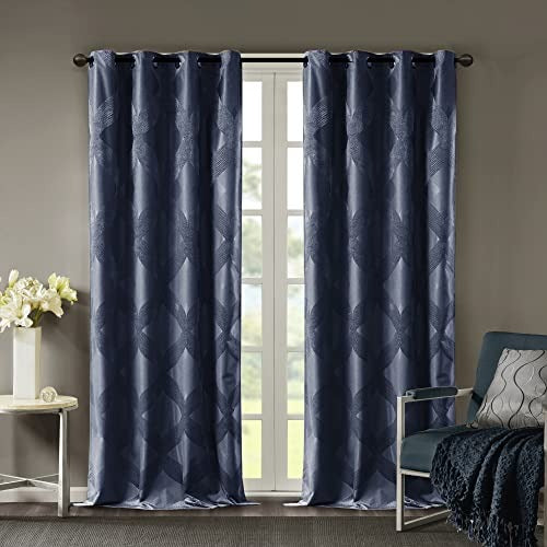 SUNSMART Bentley Total Blackout Curtains Window, Ogee Knitted Jacquard, Grommet Top Living Room Decor, Thermal Insulated Light Blocking Drape for Bedroom and Apartments, 50" x 95", Navy