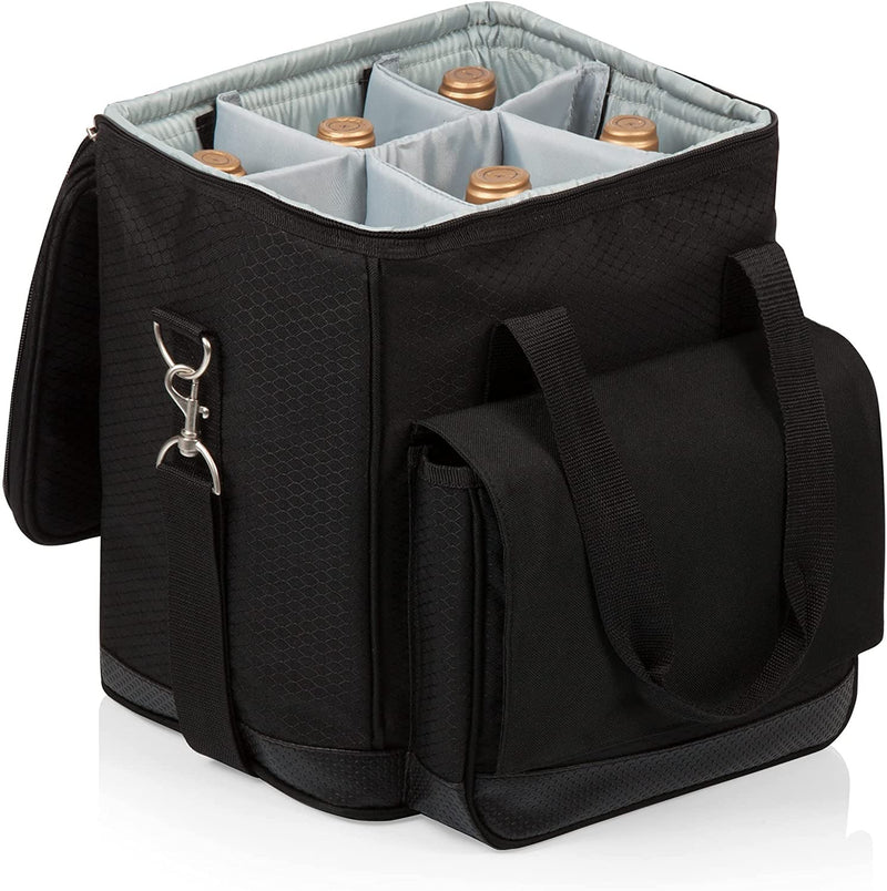 LEGACY - a Picnic Time Brand Cellar Insulated Six Bottle Wine Tote with Trolley Black ,18 x 12 x 10