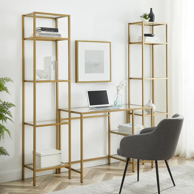 Crosley Furniture Aimee 3PC Desk and Etagere Set in Soft Gold Color