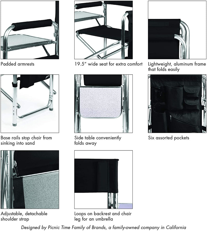 Sports Chair with Side Table - Beach Chair - Camp Chair for Adults, (Black)