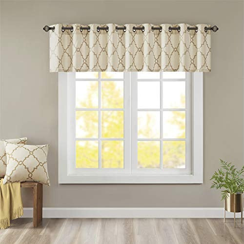 Madison Park Saratoga Window Curtain Light Filtering Fretwork Print 1 Panel Grommet Top Drapes/Valance for Living Room Bedroom and Dorm, 50 x 18 in, Beige/Gold