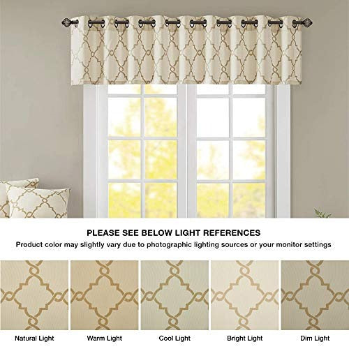 Madison Park Saratoga Window Curtain Light Filtering Fretwork Print 1 Panel Grommet Top Drapes/Valance for Living Room Bedroom and Dorm, 50 x 18 in, Beige/Gold