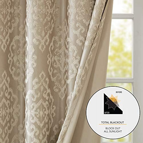 SunSmart Mirage 100% Total Blackout Single Window Curtain, Knitted Jacquard Damask Room Darkening Curtain Panel with Grommet Top, Champagne, 50x95"