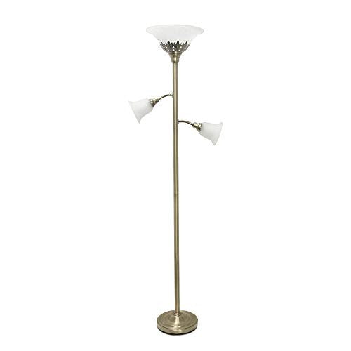 Torchiere Floor Lamp with 2 Reading Lights and Scalloped Glass Shades, Antique Brass