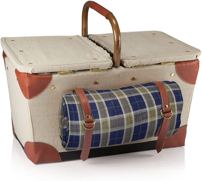 Picnic Time Pioneer Original Design Picnic Basket with Deluxe Service for Two, Tan/Navy