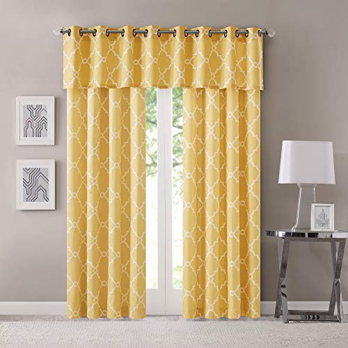 Madison Park Saratoga Window Curtain Light Filtering Fretwork Print 1 Panel Grommet Top Drapes/Valance for Living Room Bedroom and Dorm, 50x18, Yellow