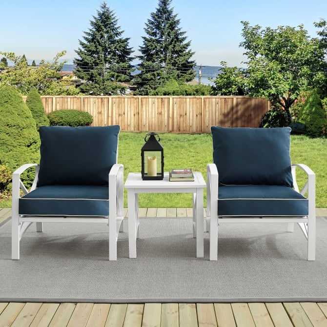 Crosley Furniture Kaplan 3-Piece Outdoor Chat Set in Navy and White Co ...