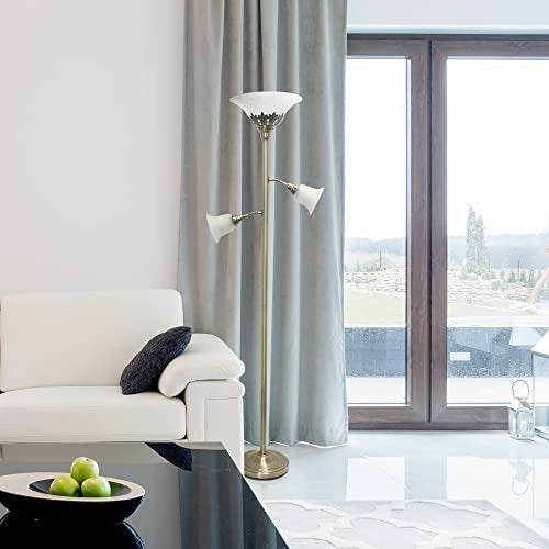 Torchiere Floor Lamp with 2 Reading Lights and Scalloped Glass Shades, Antique Brass