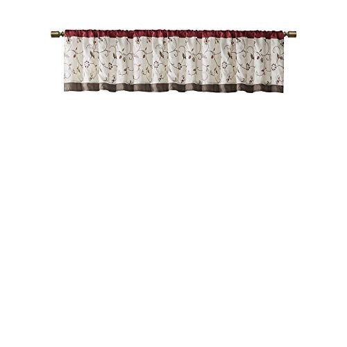 Madison Park Serene Embroidery Room-Darkening Valance Window Treatment Rod Pocket/Back Tab Short Drape, 50x18", Red