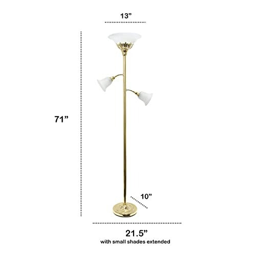 Torchiere Floor Lamp with 2 Reading Lights and Scalloped Glass Shades, Gold