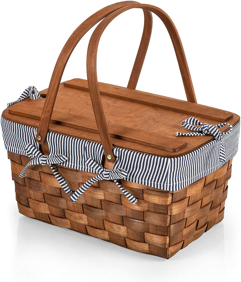 Kansas Handwoven Wood Picnic Basket, (Navy Blue & White Stripe)