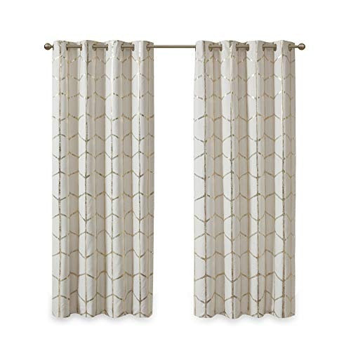 Intelligent Design Raina Total Blackout Metallic Print Grommet Top Single Window Curtain Panel Thermal Insulated Light Blocking Drape for Bedroom Living Room and Dorm 1 Piece, 50x84, Ivory/Gold