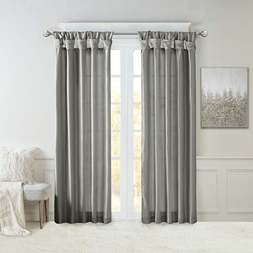 Madison Park Emilia Faux Silk Single Curtain with Privacy Lining, DIY Twist Tab Top Window Drape for Living Room, Bedroom and Dorm, 50 x 95 in, Charcoal