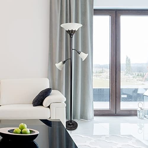 Torchiere Floor Lamp with 2 Reading Lights and Scalloped Glass Shades, Restoration Bronze and White