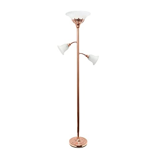 Torchiere Floor Lamp with 2 Reading Lights and Scalloped Glass Shades, Rose Gold