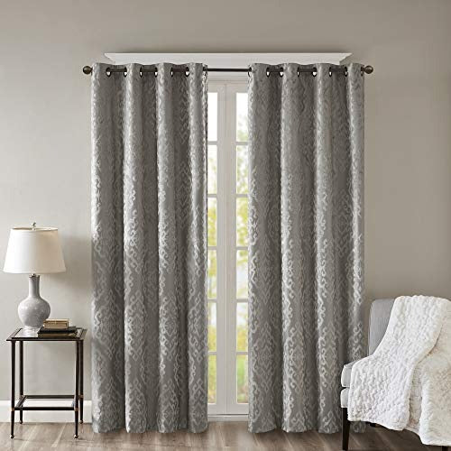 SunSmart Mirage 100% Total Blackout Single Window Curtain, Knitted Jacquard Damask Room Darkening Curtain Panel with Grommet Top, 50x95", Charcoal