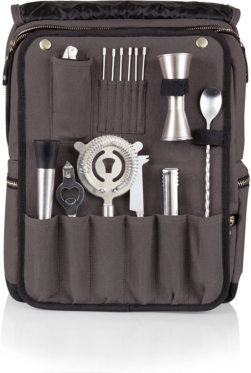 LEGACY - a Picnic Time Brand Bar Backpack 16-Piece Portable Cocktail Set, Grey/Black