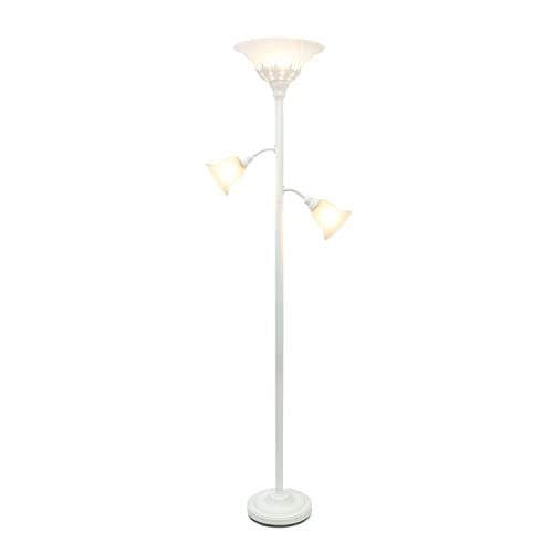 Torchiere Floor Lamp with 2 Reading Lights and Scalloped Glass Shades, White