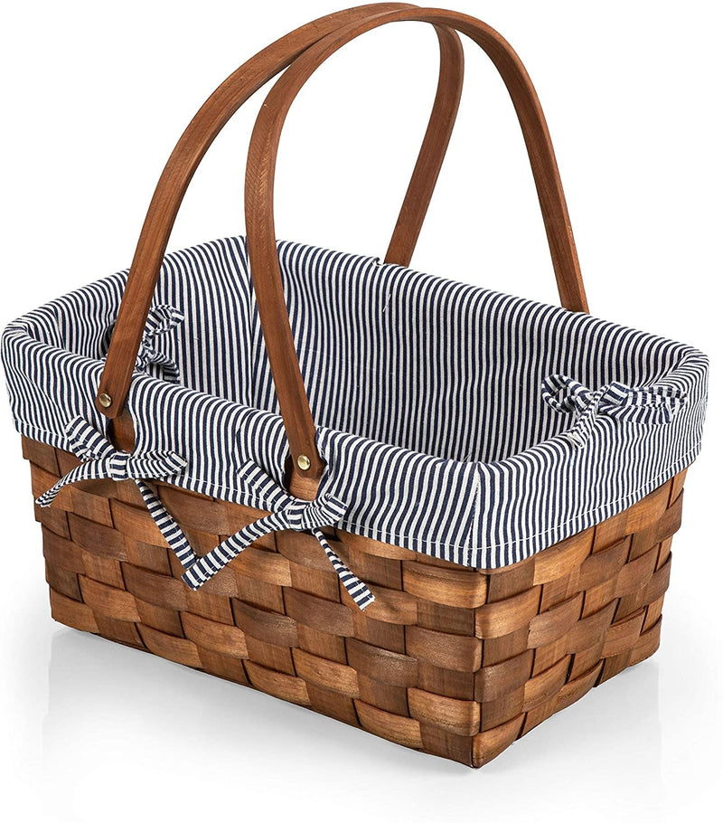 Kansas Handwoven Wood Picnic Basket, (Navy Blue & White Stripe)