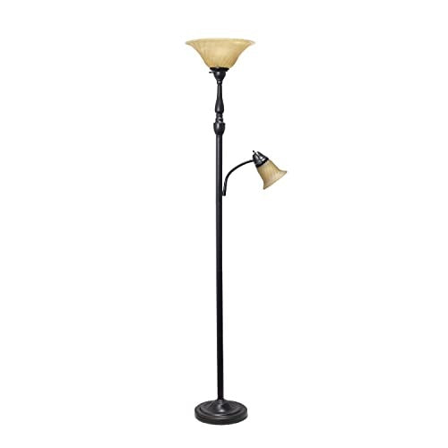 Torchiere Floor Lamp with Reading Light and Marble Glass Shades, Restoration Bronze and Amber