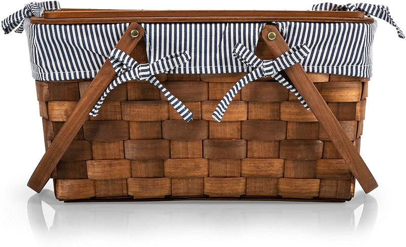 Kansas Handwoven Wood Picnic Basket, (Navy Blue & White Stripe)
