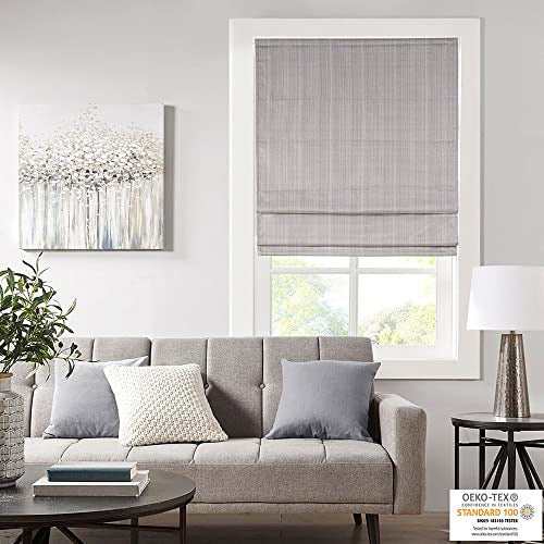 Madison Park Galen Cordless Roman Shades - Fabric Privacy Panel Darkening, Energy Efficient, Thermal Insulated Window Blind Treatment, for Bedroom, Living Room Decor, 27" x 64", Grey