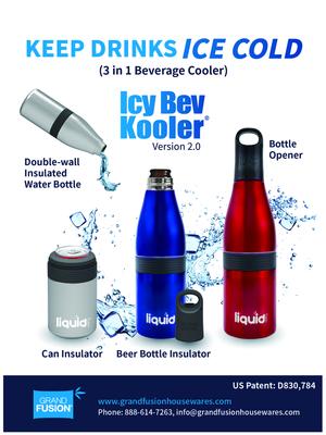 Grand Fusion Housewares Icy BEV Kooler V 2.0 - 3 in 1 Bottle Insulator, Can Insulator, and Water Bottle - Blue
