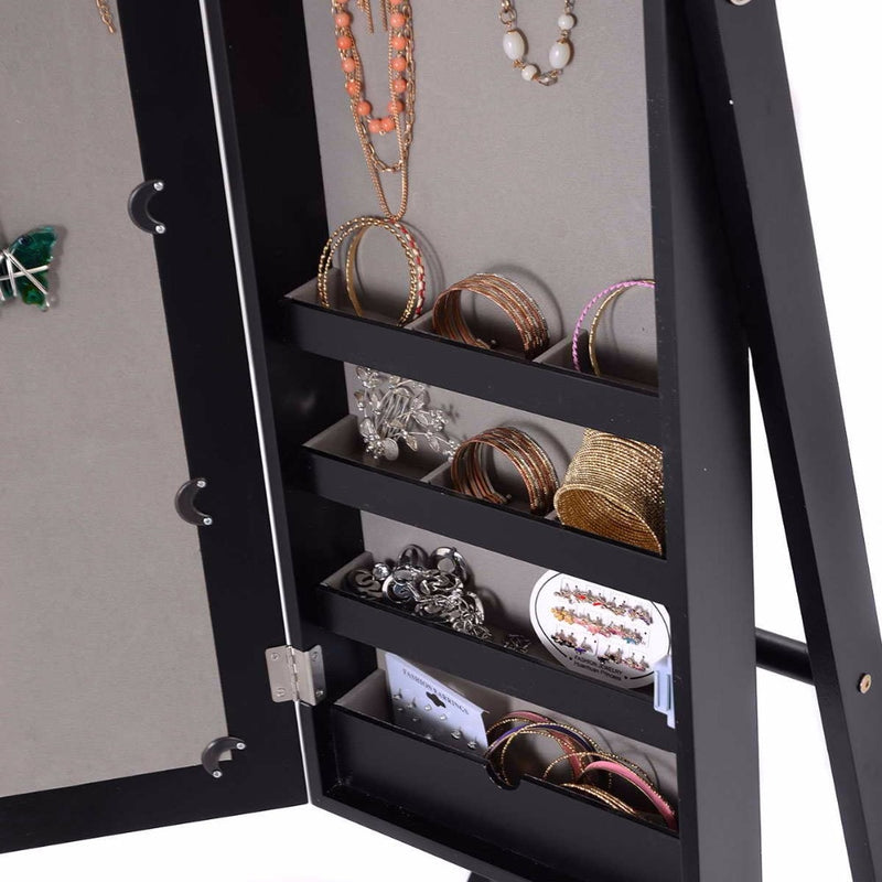 Standing Mirror Jewelry Ar-moire Mirrored Wood Cabinet Necklace Organizer Rectangle Make Up  Storage Box