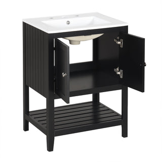24" Black Modern Sleek Bathroom Vanity Elegant Ceramic Sink with Solid Wood Frame Open Style Shelf