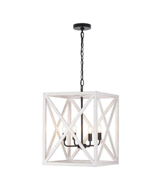 Alsy 16"W 4-Light Distressed White Caged Large Pendant Light Fixture, French Country Style