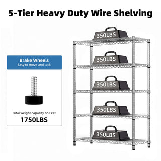 5-Tier Utility Steel Storage Shelving Unit with 1750 LBS Capacity - Carbon Steel