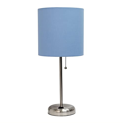 Creekwood Home Oslo 19.5" Contemporary Bedside Power Outlet Base Standard Metal Table Desk Lamp in Brushed Steel with Blue Drum Fabric Shade