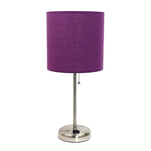 Creekwood Home Oslo 19.5" Contemporary Bedside Power Outlet Base Standard Metal Table Desk Lamp in Brushed Steel with Purple Drum Fabric Shade