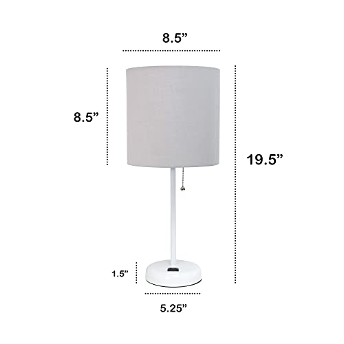 Creekwood Home Oslo 19.5" Contemporary Bedside Power Outlet Base Standard Metal Table Desk Lamp in White with Gray Drum Fabric Shade