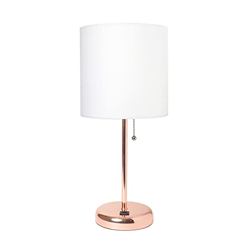 Creekwood Home Oslo 19.5" Contemporary Bedside USB Port Feature Standard Metal Table Desk Lamp in Rose Gold with White Drum Fabric Shade