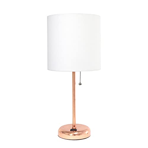 Creekwood Home Oslo 19.5" Contemporary Bedside Power Outlet Base Standard Metal Table Desk Lamp in Rose Gold with White Drum Fabric Shade