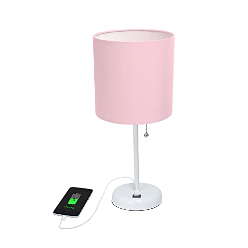 Creekwood Home Oslo 19.5" Contemporary Bedside USB Port Feature Standard Metal Table Desk Lamp in White with Light Pink Drum Fabric Shade