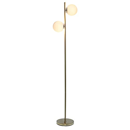 Simple Designs LF1044-GLD 66" Tall Mid Century Modern Standing Tree Floor Lamp w Dual White Glass Globe Shade for Study, Living Room, Bedroom, Entryway, Gold