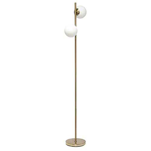 Simple Designs LF1044-GLD 66" Tall Mid Century Modern Standing Tree Floor Lamp w Dual White Glass Globe Shade for Study, Living Room, Bedroom, Entryway, Gold