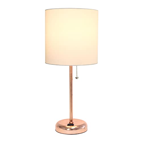 Creekwood Home Oslo 19.5" Contemporary Bedside Power Outlet Base Standard Metal Table Desk Lamp in Rose Gold with White Drum Fabric Shade