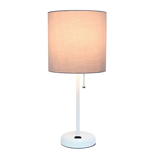 Creekwood Home Oslo 19.5" Contemporary Bedside Power Outlet Base Standard Metal Table Desk Lamp in White with Gray Drum Fabric Shade