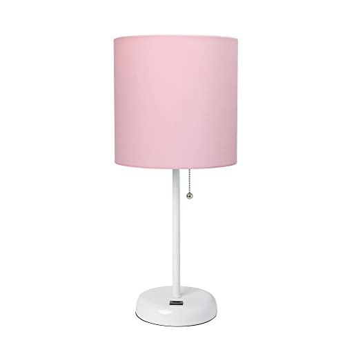 Creekwood Home Oslo 19.5" Contemporary Bedside USB Port Feature Standard Metal Table Desk Lamp in White with Light Pink Drum Fabric Shade